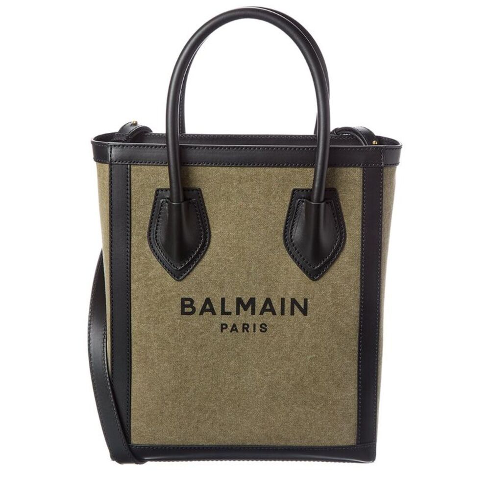 Balmain Logo Canvas & Leather Tote, Beige